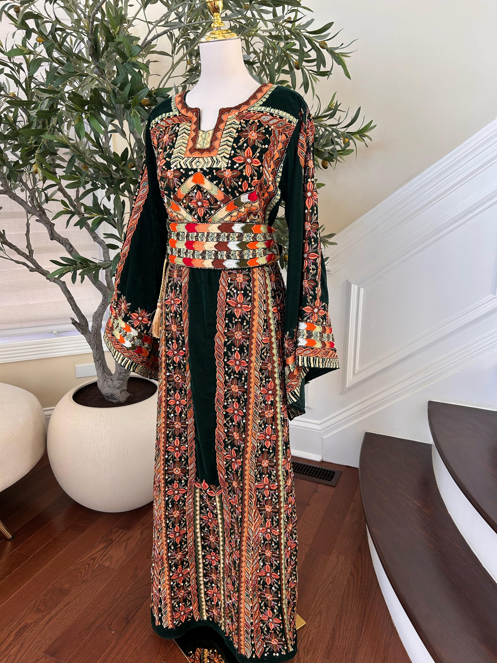 Green Velvet Handmade Embellished Beaded Thobe with Detachable Skirt