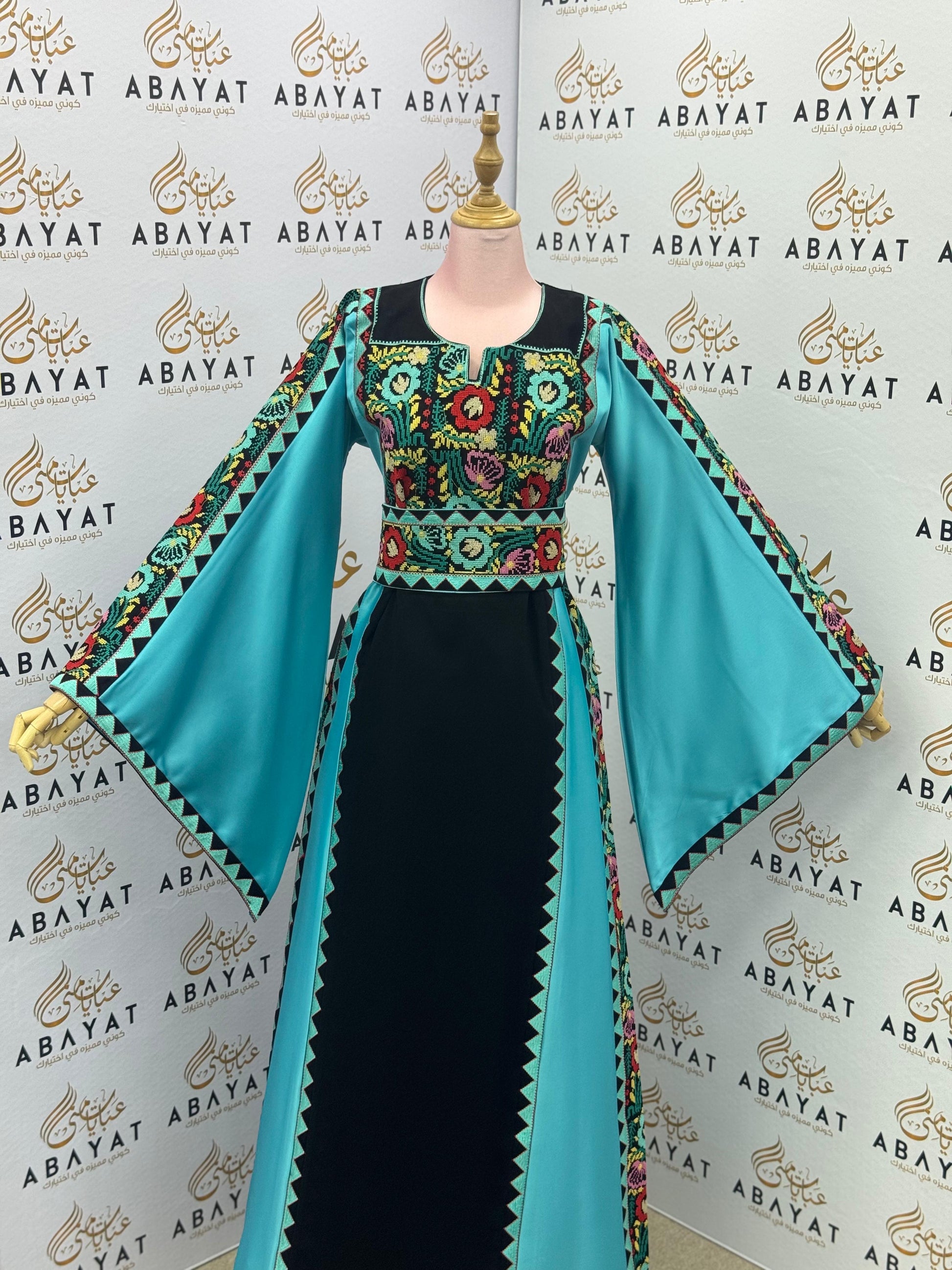 Turquoise & Black Palestinian Embroidery Thobe – Vibrant Heritage Elegance A09102025