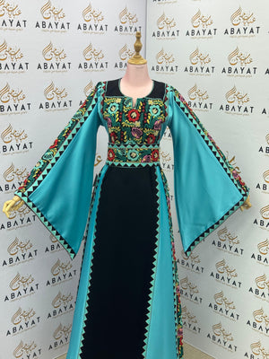 Turquoise & Black Palestinian Embroidery Thobe – Vibrant Heritage Elegance A09102025