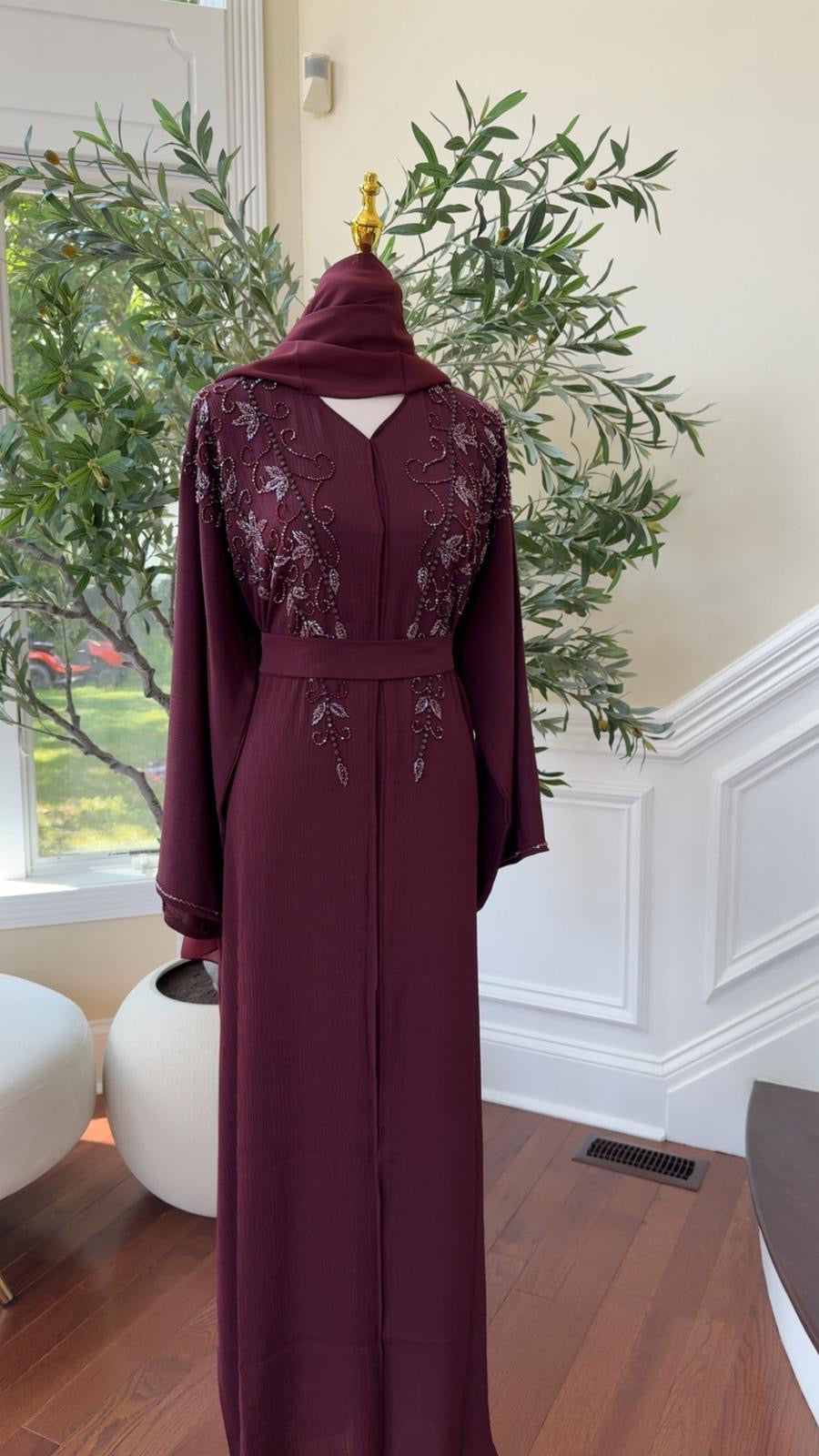 Burgundy Rose Quality Beaded Abaya
