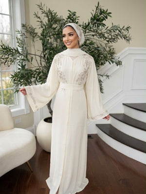 Off White Charm Beaded Floral Abaya