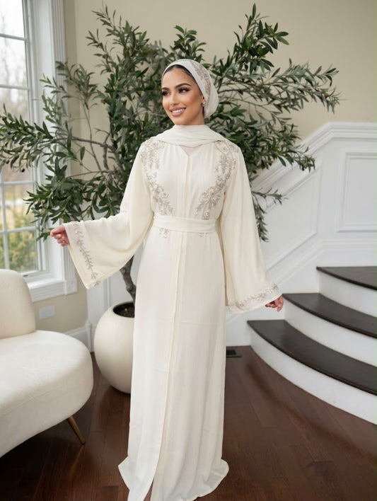 Off White Charm Beaded Floral Abaya