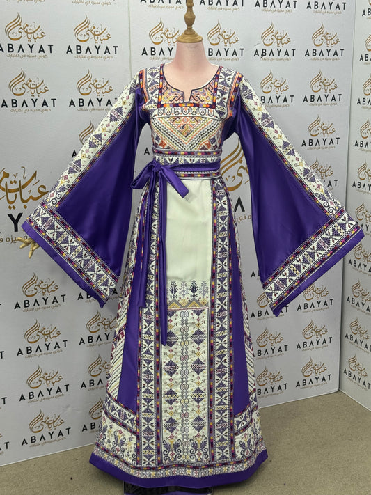 Lavender & Cream Palestinian Thobe – Mixed Fabric with Traditional Tatreez