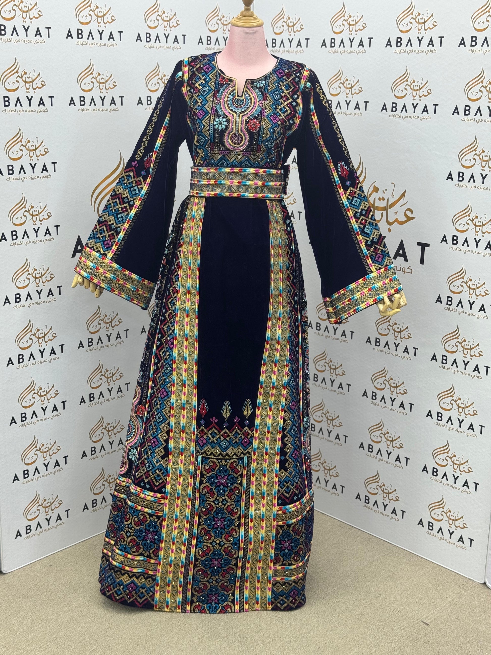 Dark Navy Velvet Palestinian Embroidered Thobe – Multicolor Tatreez with Belt A09042025