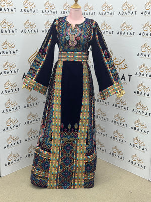 Dark Navy Velvet Palestinian Embroidered Thobe – Multicolor Tatreez with Belt A09042025