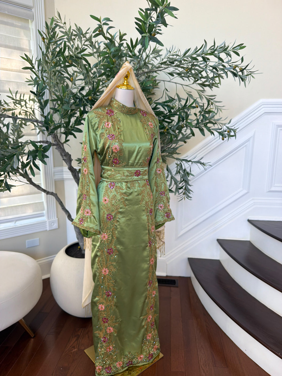 Elegant Sage Green Satin Thobe with Pink Floral Embroidery, Gold Detailing, and Matching Belt( scarf not included)