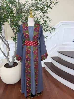 Grey Embroidery Floral Tatreez Thobe