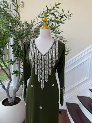 Olive Forest Bloom – Modest Kaftan with Hand-Embellished Neck & Sleeves