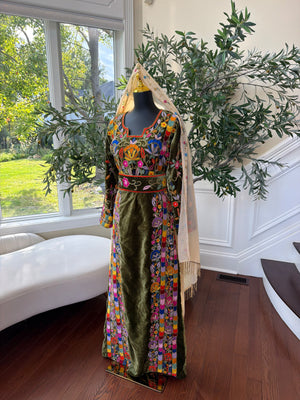 Elegant Olive Green Velvet Thobe with Vibrant Floral Embroidery