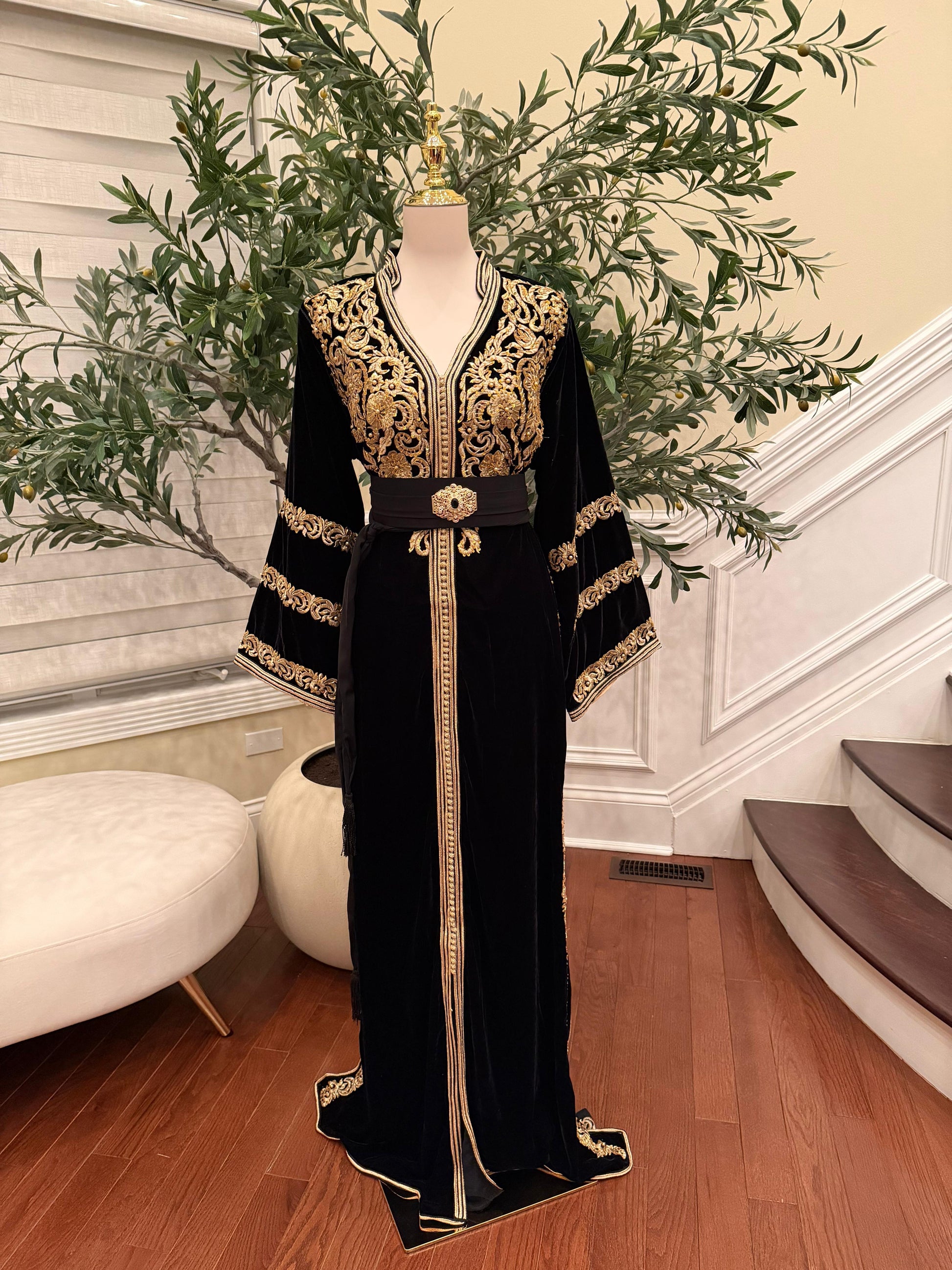 Midnight Black Royale Velvet Kuftan with Golden Embellished Detail