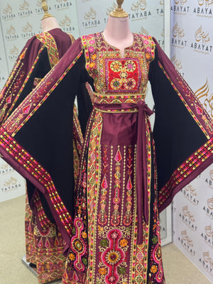 Burgundy & Gold Palestinian Embroidery Thobe – Floral Heritage Design