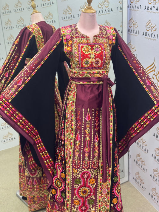 Burgundy & Gold Palestinian Embroidery Thobe – Floral Heritage Design