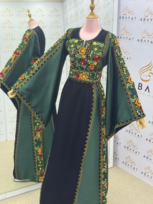 Deep Green & Black Palestinian Embroidery Thobe – Classic Floral Elegance