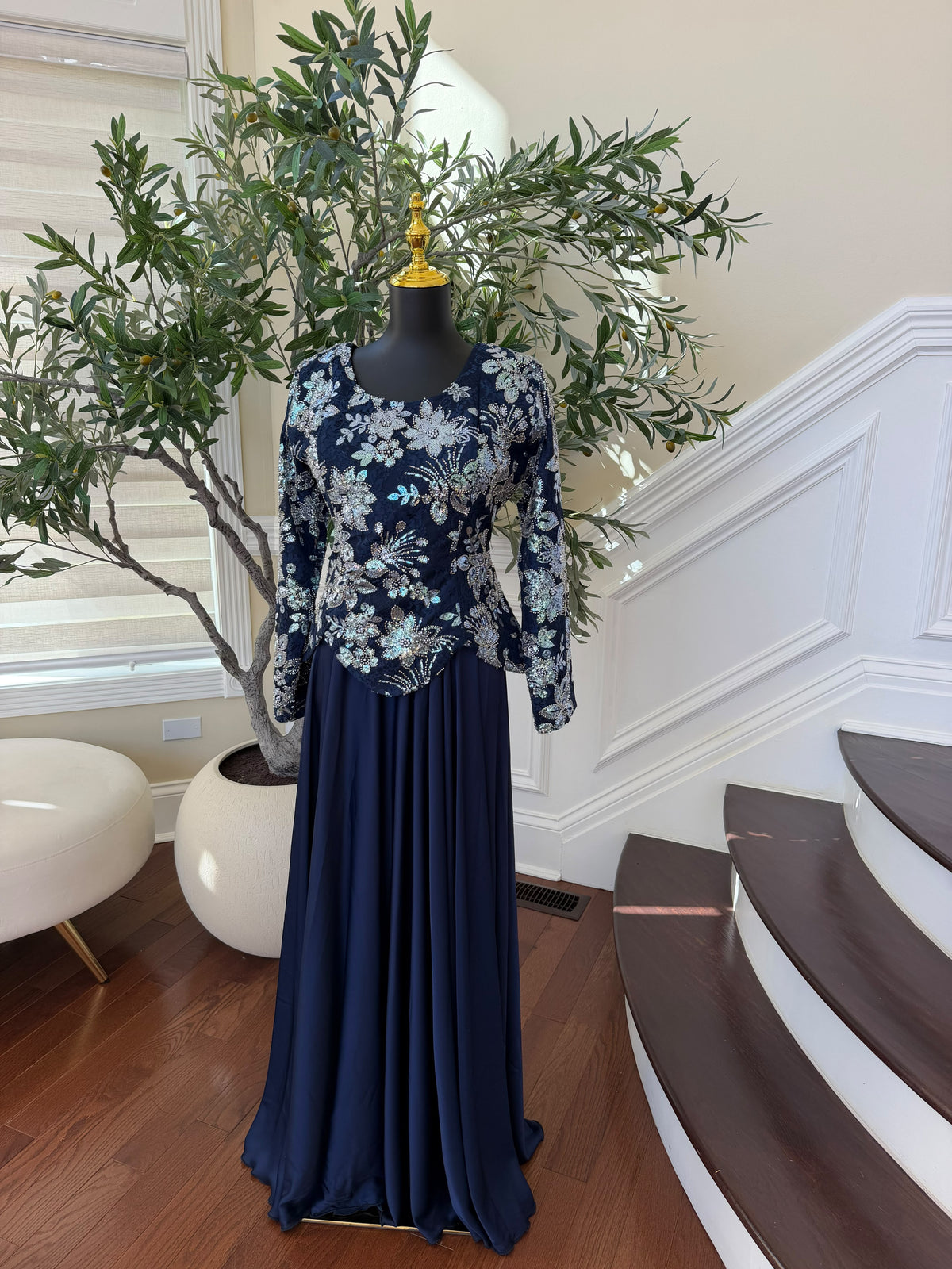 Elegant Navy Blue Evening Gown with Shimmering Silver & Blue Floral Embroidery