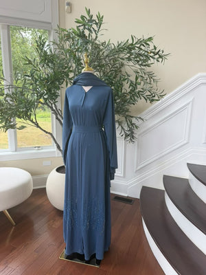 Blue Elegance Charm Beaded Nade Fabric Abaya
