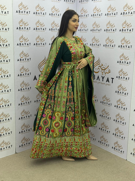 Green Palestinian Embroidered Thobe | Colorful Traditional Design A09092025