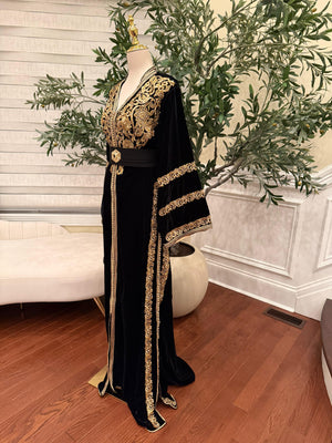 Midnight Black Royale Velvet Kuftan with Golden Embellished Detail