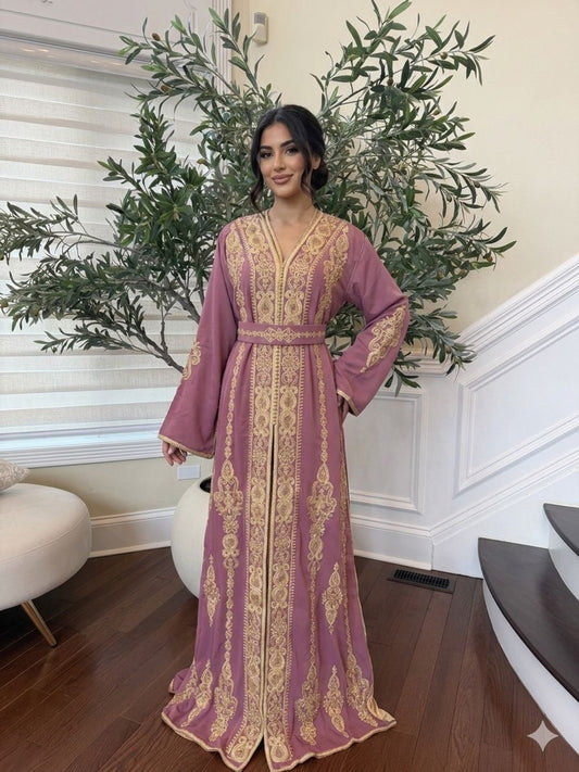 Pink Kuftan with Intricate Golden Embroidery Detail