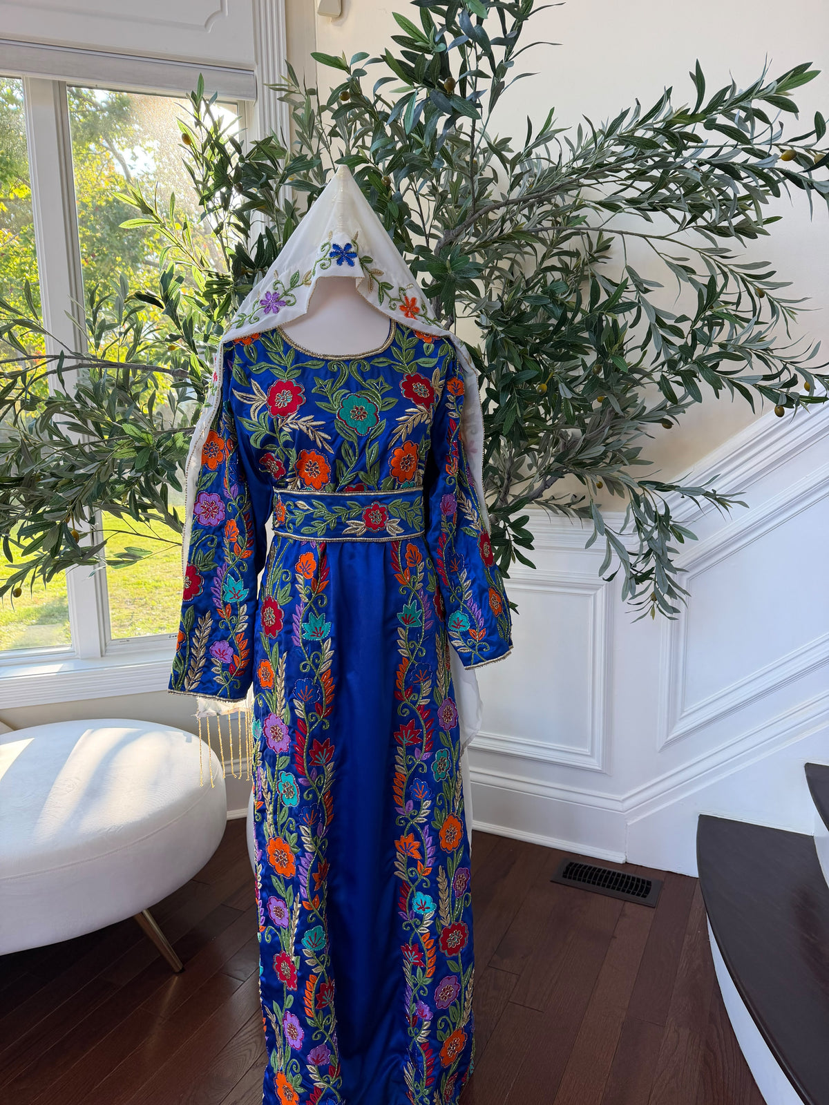 Elegant Royal Blue Floral Embroidered Palestinian Stone Thobe (scarf not included)