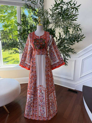 Beige Embroidery Orange Tatreez Thobe