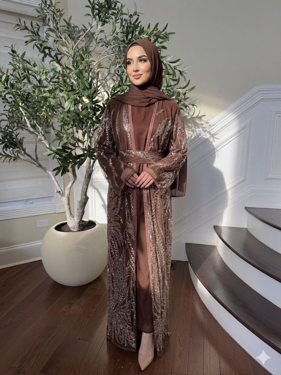 Mocha Sequin Two Piece Abaya