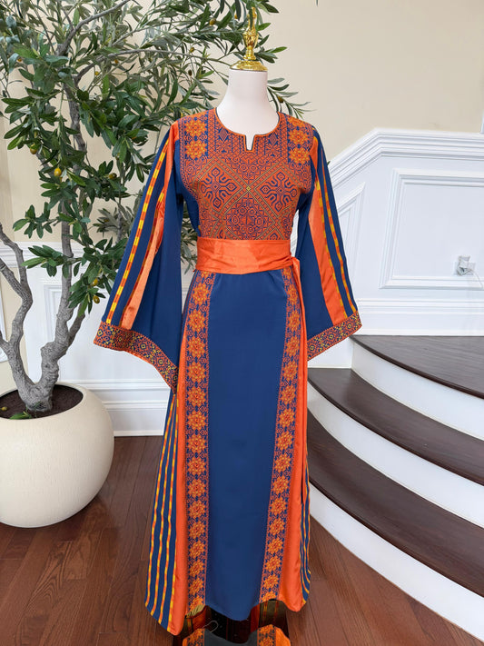Navy Blue Embroidery Tatreez Orange Thobe