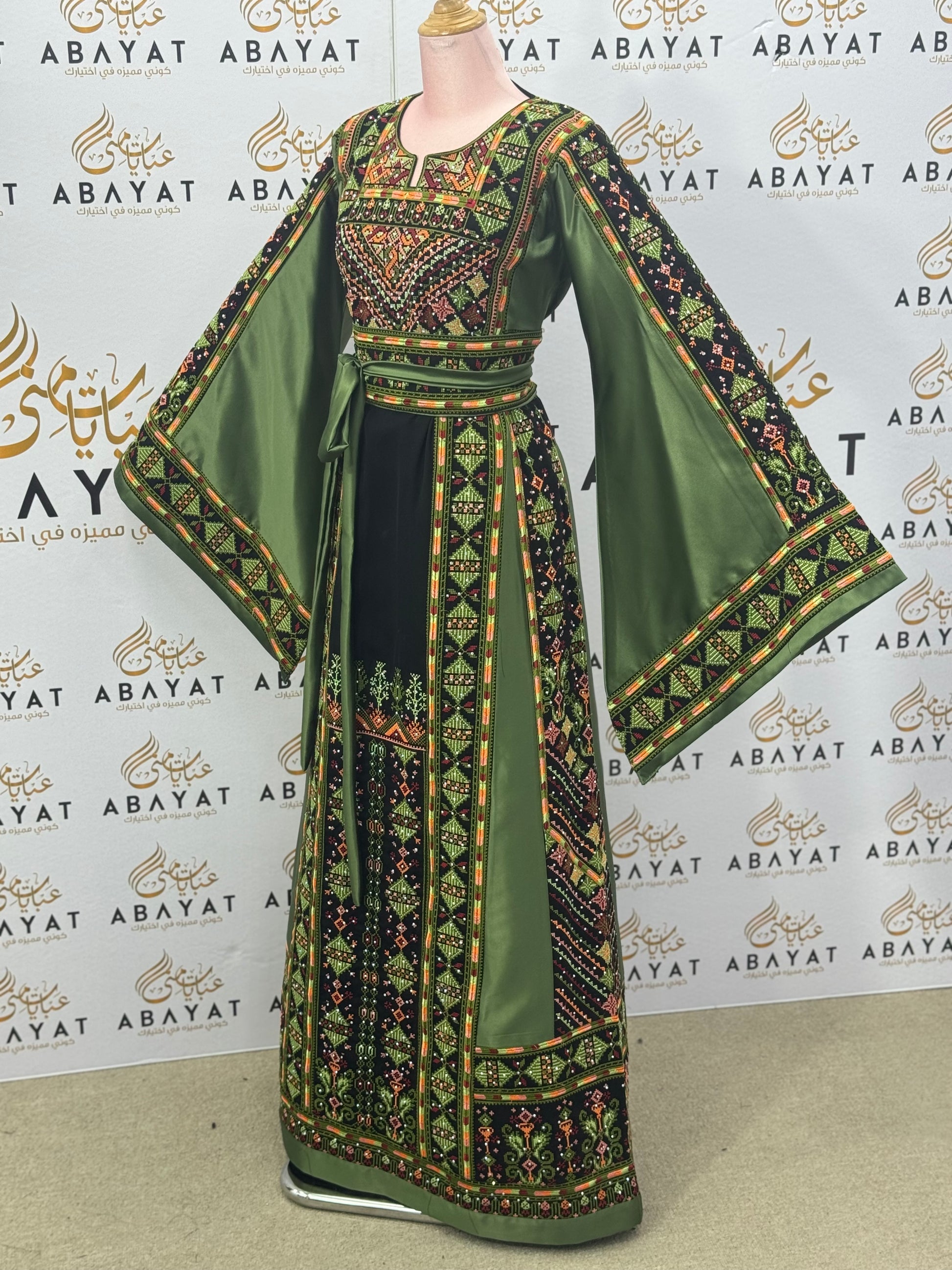 Sage Green Palestinian Thobe – Mixed Velvet & Satin Fabric with Tatreez Design