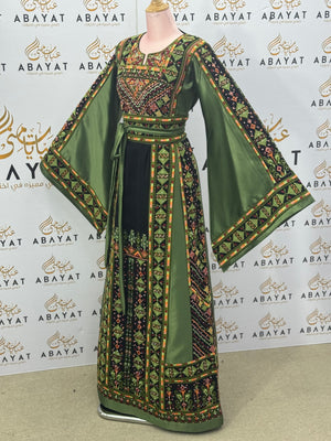 Sage Green Palestinian Thobe – Mixed Velvet & Satin Fabric with Tatreez Design