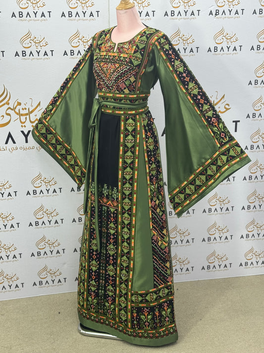 Sage Green Palestinian Thobe – Mixed Velvet & Satin Fabric with Tatreez Design