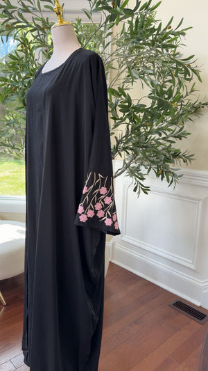 Black Two-Piece Abaya with Pink Floral Sleeve Embroidery #1051