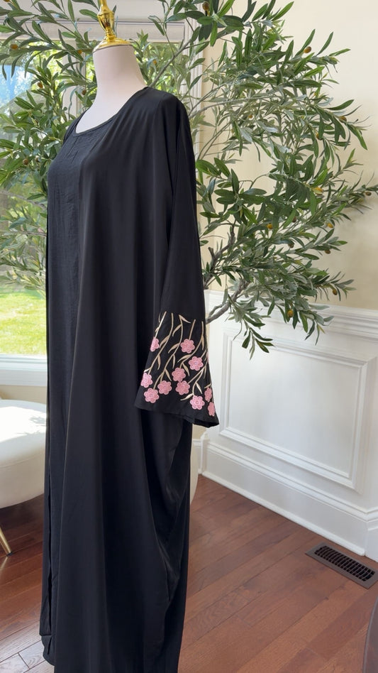 Black Two-Piece Abaya with Pink Floral Sleeve Embroidery #1051