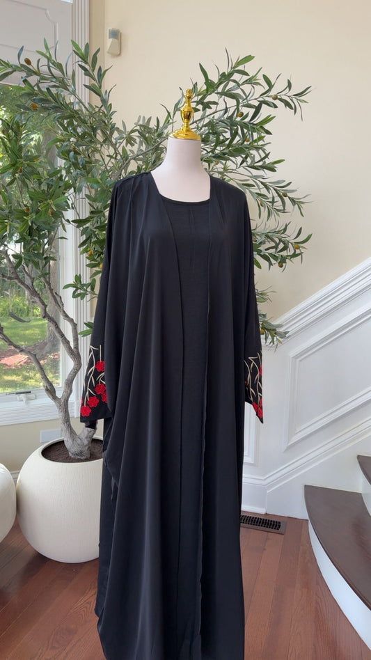 Black Two-Piece Abaya with Red Rose Floral Sleeve Embroidery