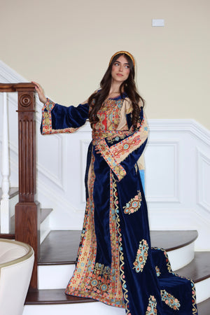 Royal Blue Malaka Handmade Thobe – Luxe Velvet & Intricate Tatreez Skirt and Khirka Shal included