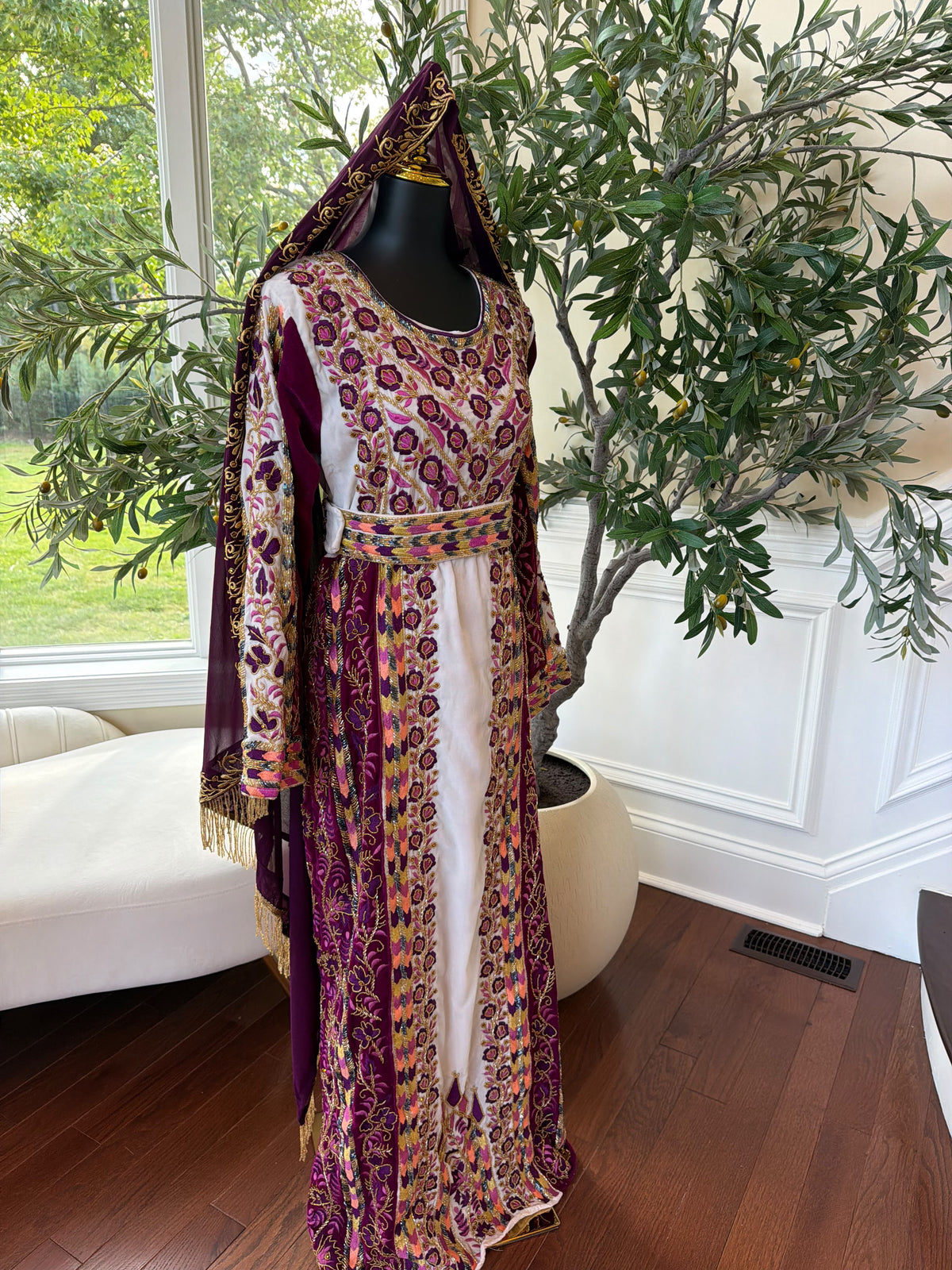 Elegant Purple and Cream Thobe with Intricate Floral Embroidery and Gold Accents (scarf not included)