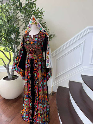 Luxury Bridal Palestinian Thobe with Embroidery Tatreez, Hand Beading & Detachable Overskirt on Rich Velvet Fabric