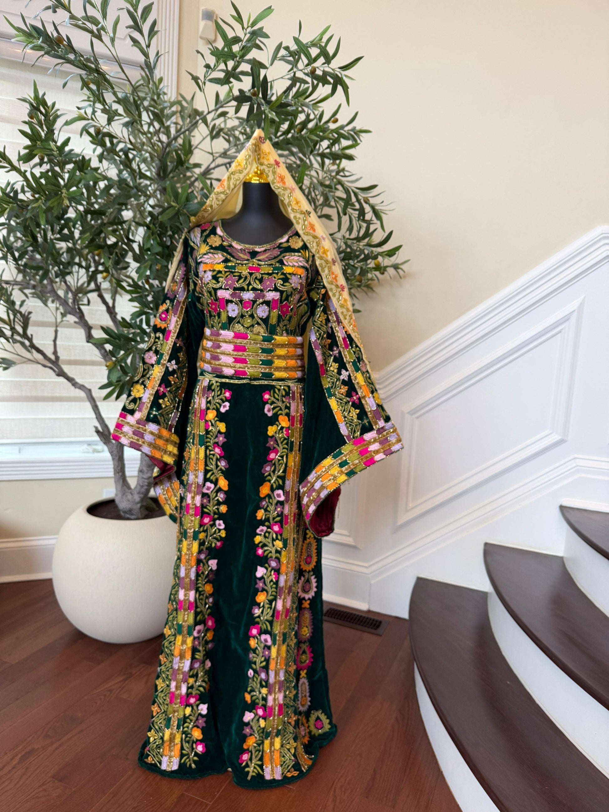 Green Velvet Beaded Stone Thobe