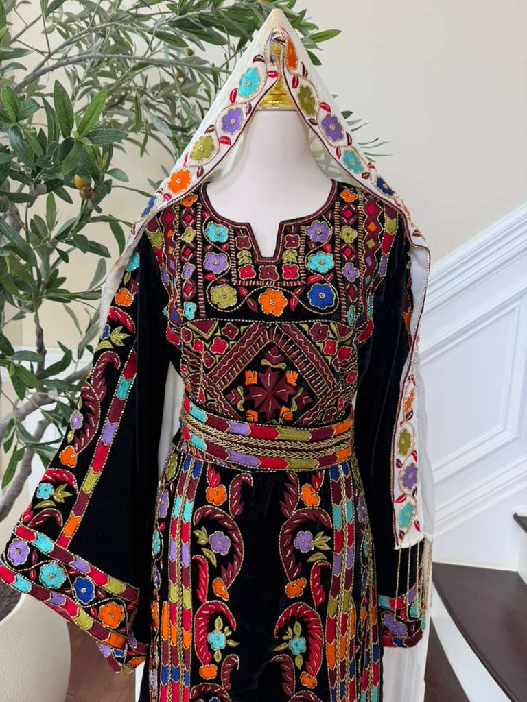 Luxury Bridal Palestinian Thobe with Embroidery Tatreez, Hand Beading & Detachable Overskirt on Rich Velvet Fabric
