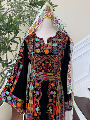 Luxury Bridal Palestinian Thobe with Embroidery Tatreez, Hand Beading & Detachable Overskirt on Rich Velvet Fabric