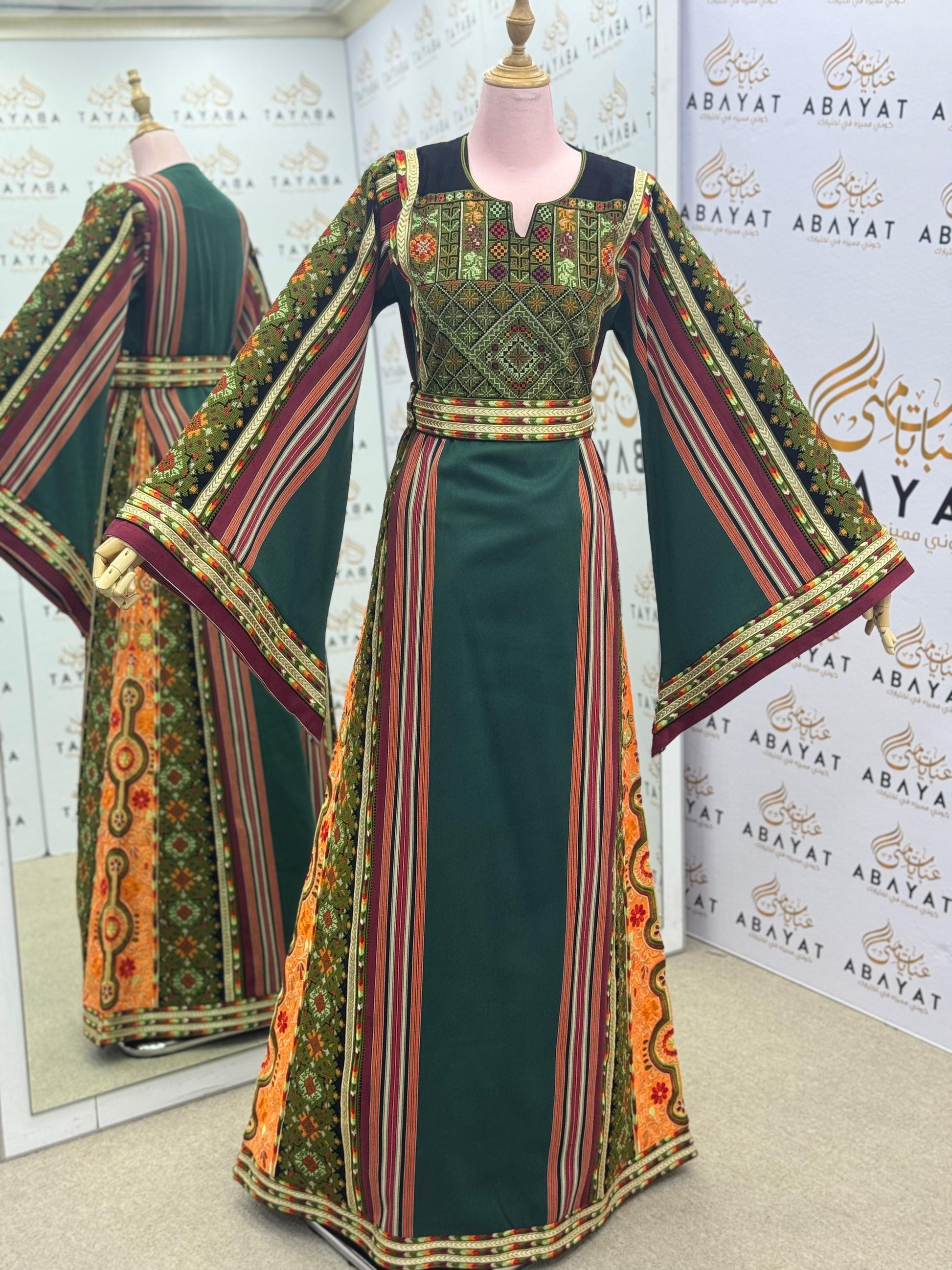 Palestinian Thobe – Green on black with Multicolor Embroidery & Stripes A09092025