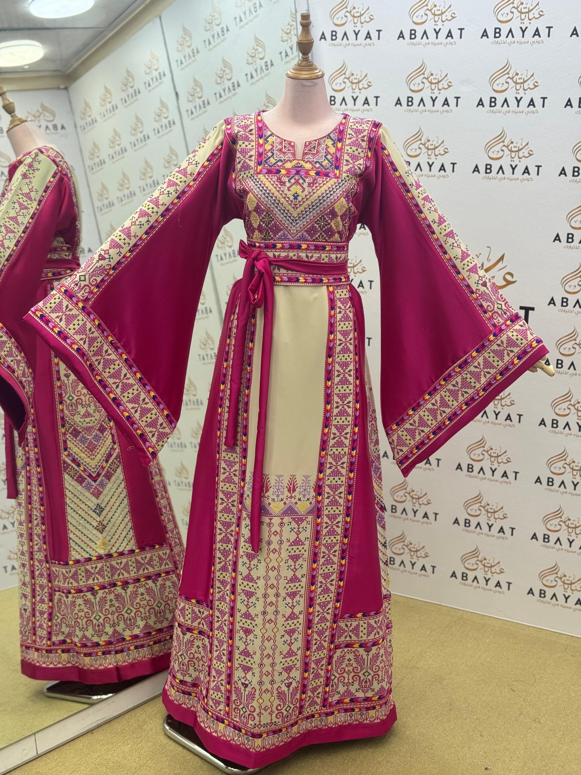 Palestinian Heritage Embroidered Thobe – Magenta & Ivory