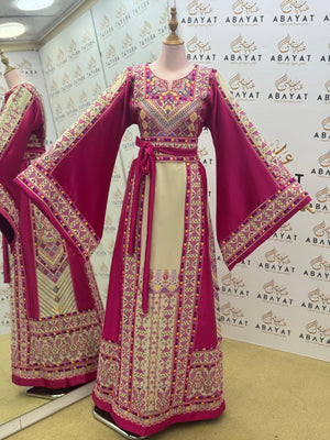 Palestinian Heritage Embroidered Thobe – Magenta & Ivory