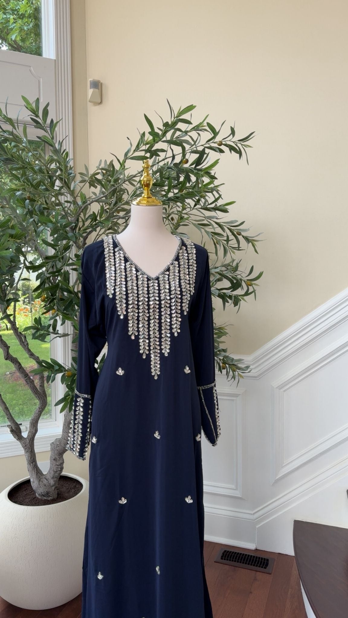 Royal Navy Kaftan – Silver Sequin Neckline & Sleeve Detail
