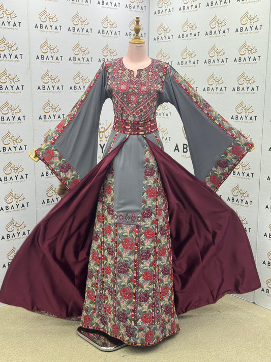 Elegant Grey & Burgundy Palestinian Embroidered Thobe – Floral Tatreez with Wide Sleeves”