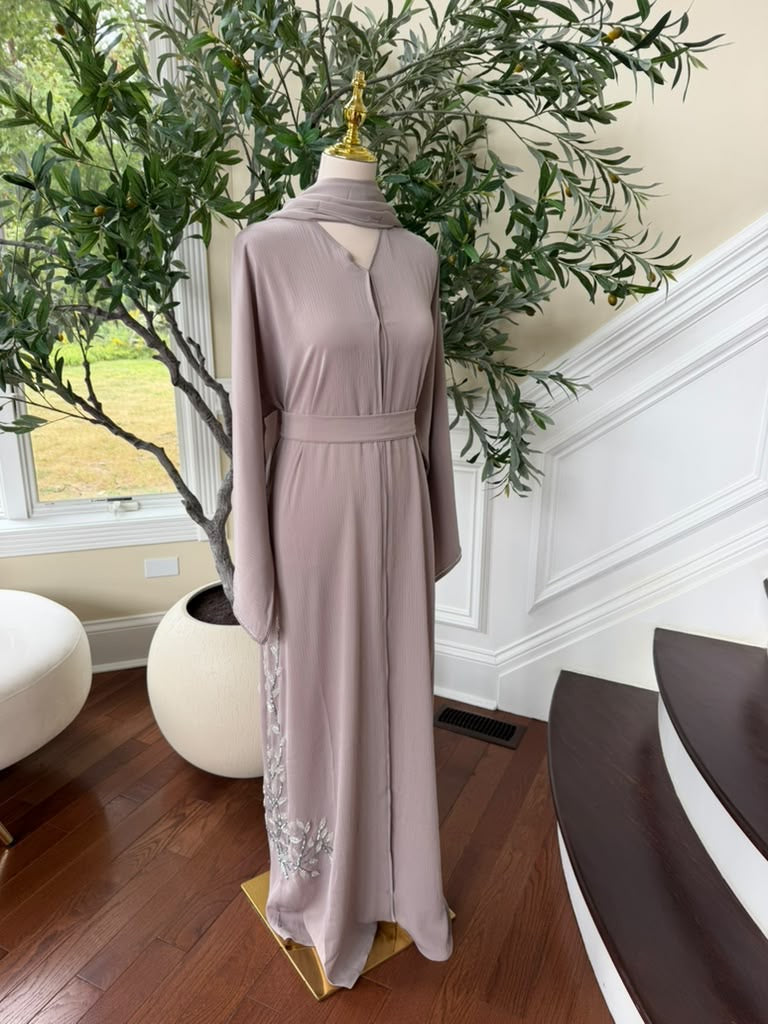 Tan Beaded Elegance Floral Abaya