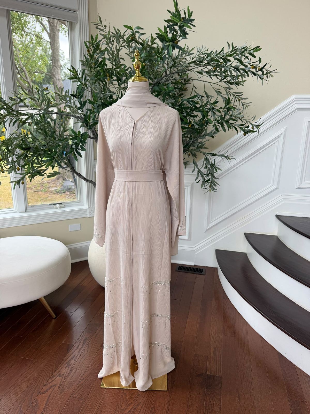 Cream Elegance Beaded Charm Abaya