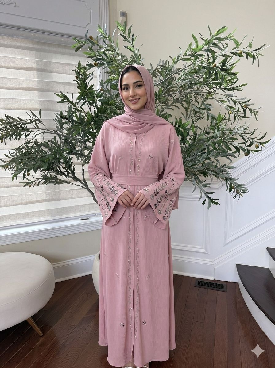 Pink Sleeve Charm Beaded Abaya
