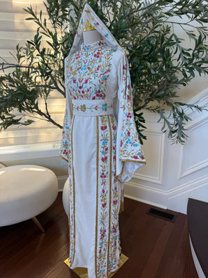 Elegant White Floral Embroidered Palestinian Thobe with Gold Detailing(scarf not included)