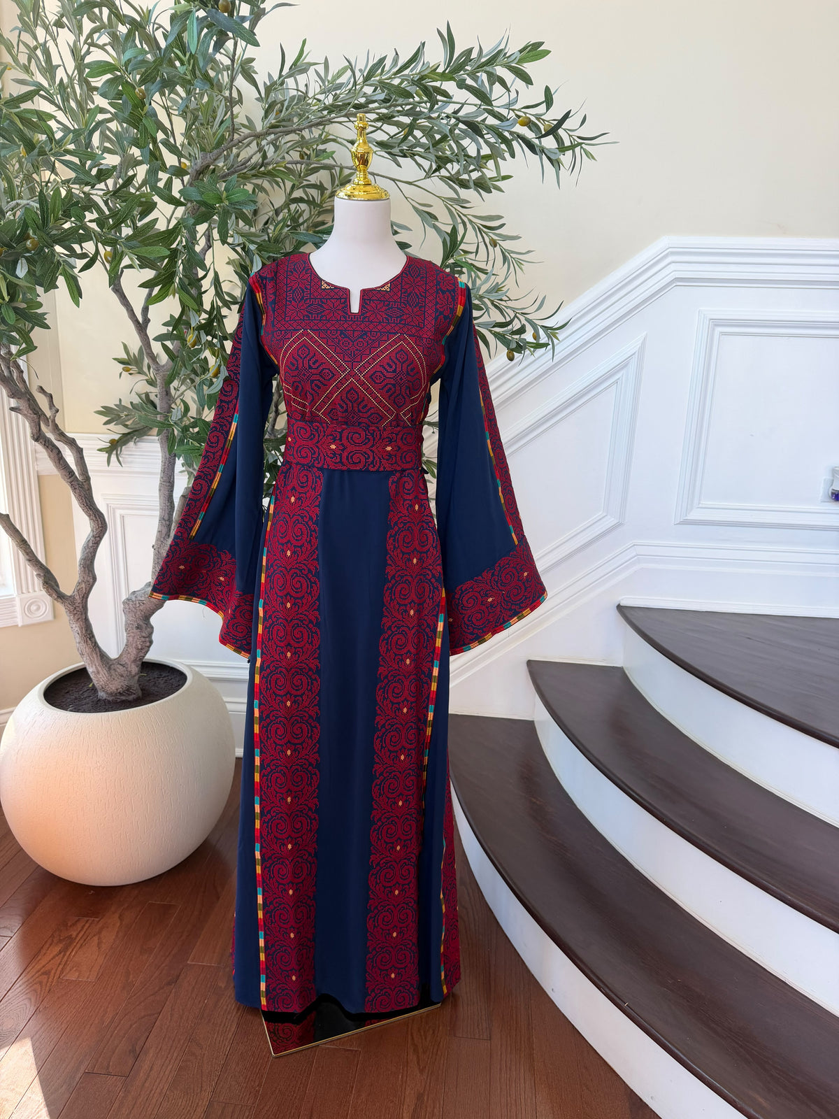 Elegant Navy & Red Embroidered Palestinian Thobe Dress