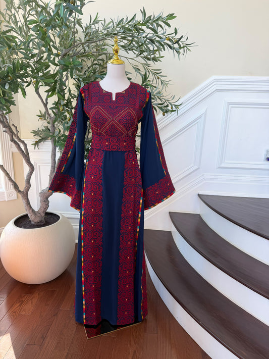 Elegant Navy & Red Embroidered Palestinian Thobe Dress