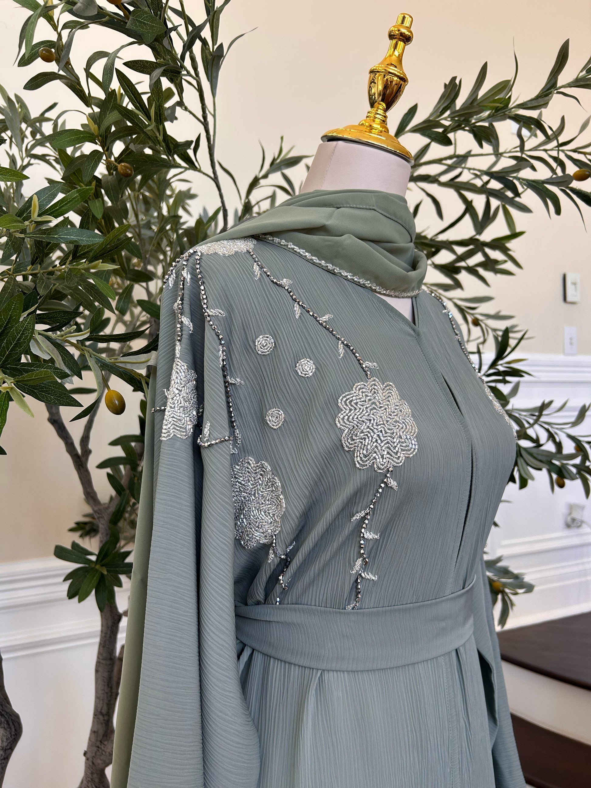 Mint Green Charm Beaded Abaya